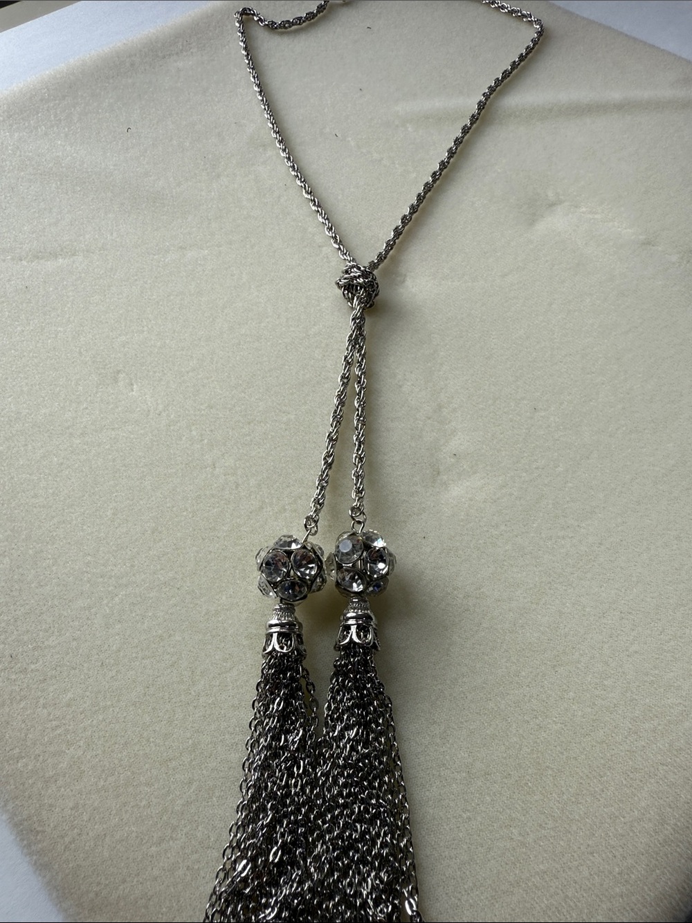 Silver Tassel Pendant Necklace with Crystal Accents - Women's Jewelry